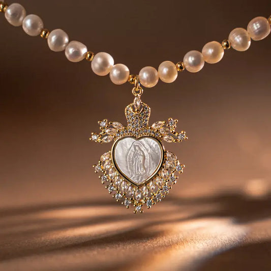 Pearl Rosary Necklace with Mother of Pearl Carved Virgin Mary