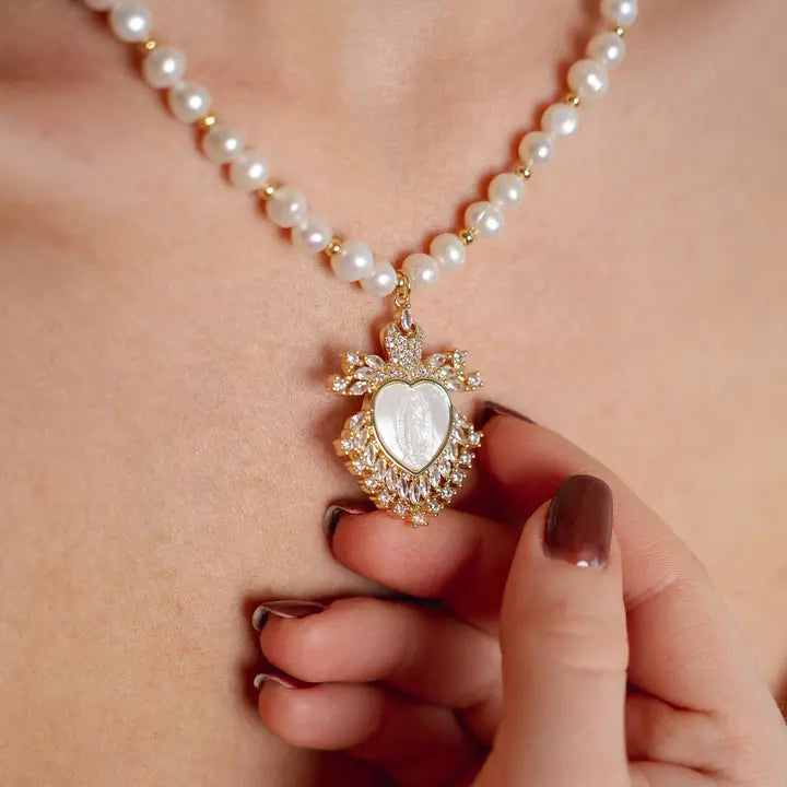 Pearl Rosary Necklace with Mother of Pearl Carved Virgin Mary